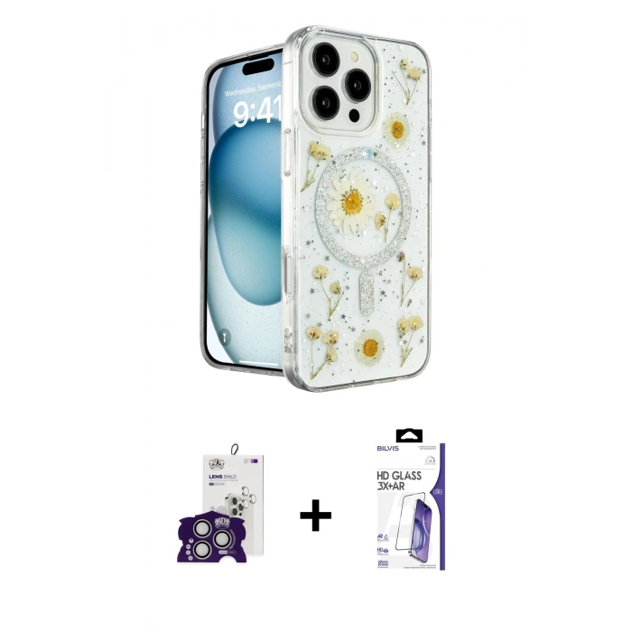 MARSİLYAN™- iPhone 16 Pro Max Kılıf Kozmos Doku - Siyah Bilvis 3X AR HD Cam Ekran Koruyucu + Bilvis Titan Kamera Lens - GS