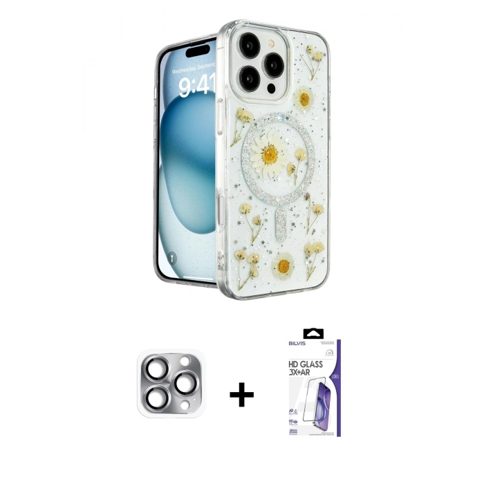 MARSİLYAN™- iPhone 16 Pro Max Kılıf Kozmos Doku - Siyah Bilvis 3X AR HD Cam Ekran Koruyucu + Pers Alüminyum Kamera Lens - GI
