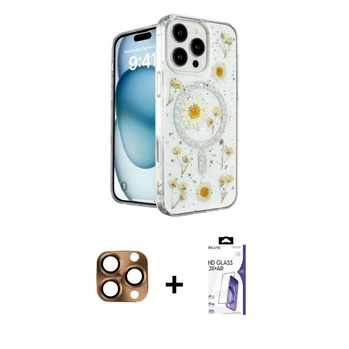 MARSİLYAN™- iPhone 16 Pro Max Kılıf Kozmos Doku - Siyah Bilvis 3X AR HD Cam Ekran Koruyucu + Pers Alüminyum Kamera Lens - CLTM