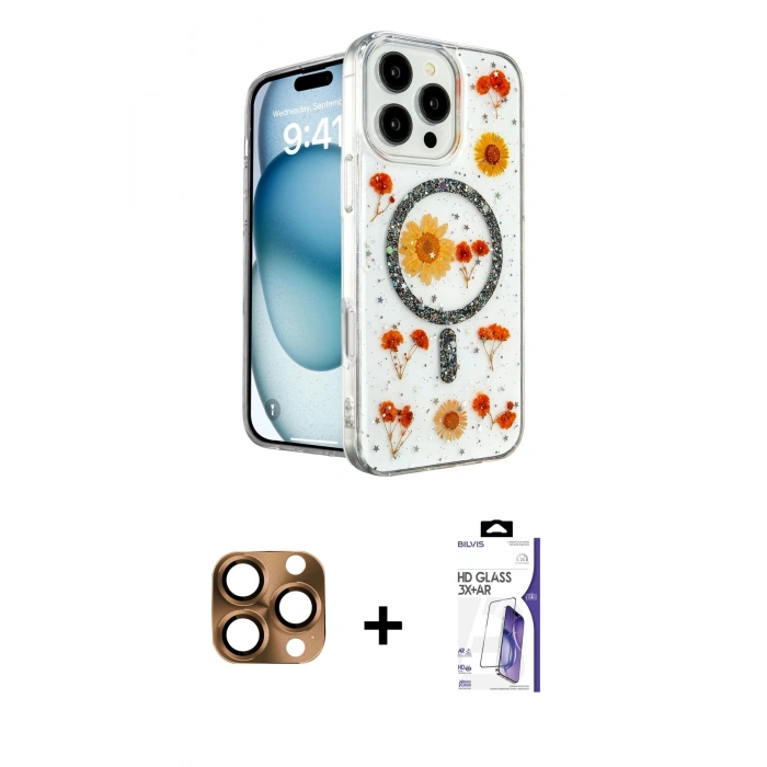 MARSİLYAN™- iPhone 16 Pro Max Kılıf Kozmos Doku - Siyah Bilvis 3X AR HD Cam Ekran Koruyucu + Pers Alüminyum Kamera Lens - CLTM