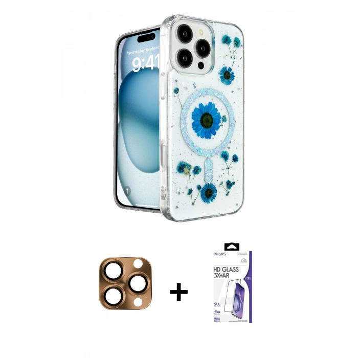 MARSİLYAN™- iPhone 16 Pro Max Kılıf Kozmos Doku - Siyah Bilvis 3X AR HD Cam Ekran Koruyucu + Pers Alüminyum Kamera Lens - CLTM