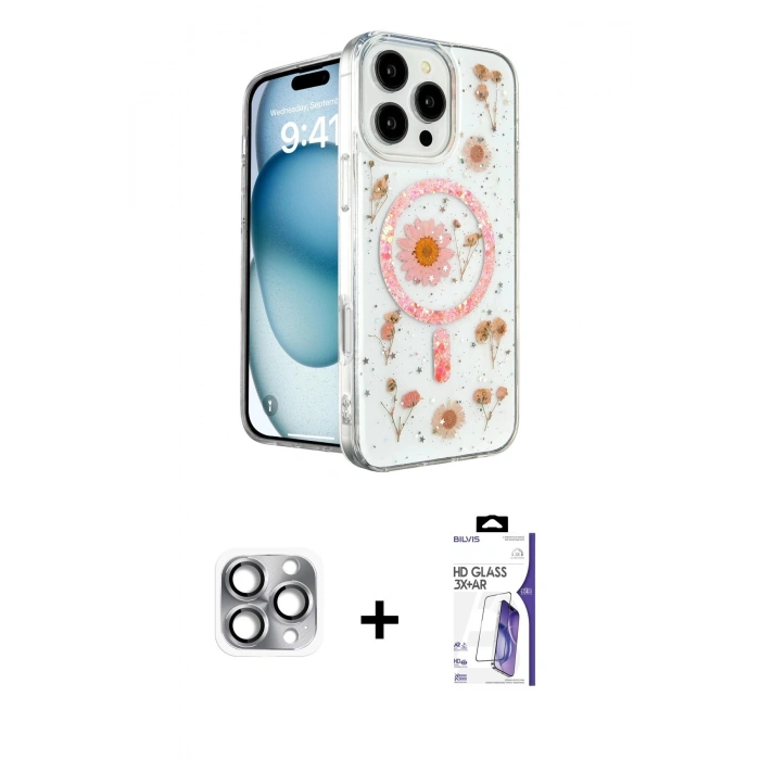 MARSİLYAN™- iPhone 16 Pro Max Kılıf Kozmos Doku - Siyah Bilvis 3X AR HD Cam Ekran Koruyucu + Pers Alüminyum Kamera Lens - GI