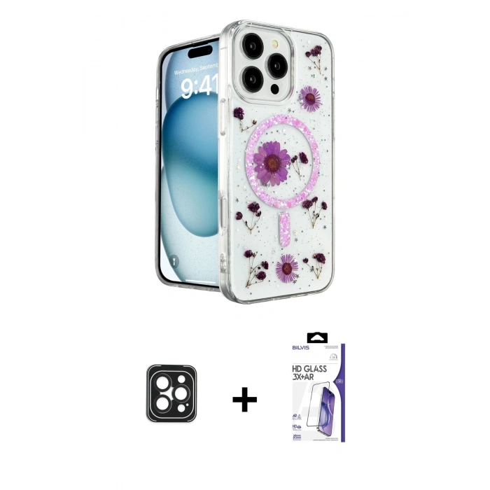 MARSİLYAN™- iPhone 16 Pro Max Kılıf Kozmos Doku - Siyah Bilvis 3X AR HD Cam Ekran Koruyucu + PVD Metal Kamera Lens - SH