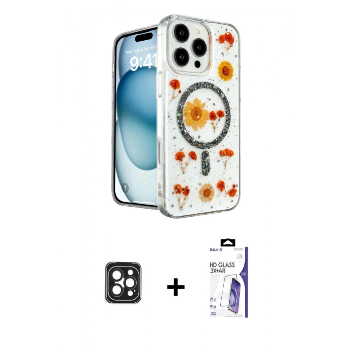MARSİLYAN™- iPhone 16 Pro Max Kılıf Kozmos Doku - Siyah Bilvis 3X AR HD Cam Ekran Koruyucu + PVD Metal Kamera Lens - SH