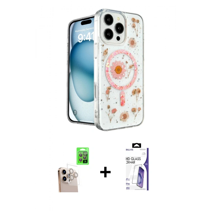 MARSİLYAN™- iPhone 16 Pro Max Kılıf Kozmos Doku - Siyah Bilvis 3X AR HD Cam Ekran Koruyucu + Raze Metal Kamera Lens - NLGY