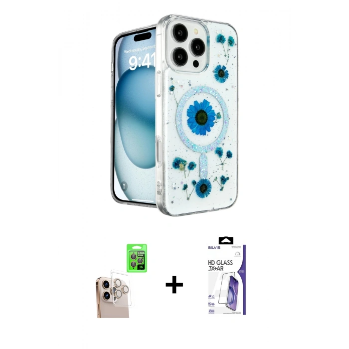 MARSİLYAN™- iPhone 16 Pro Max Kılıf Kozmos Doku - Siyah Bilvis 3X AR HD Cam Ekran Koruyucu + Raze Metal Kamera Lens - NLGY