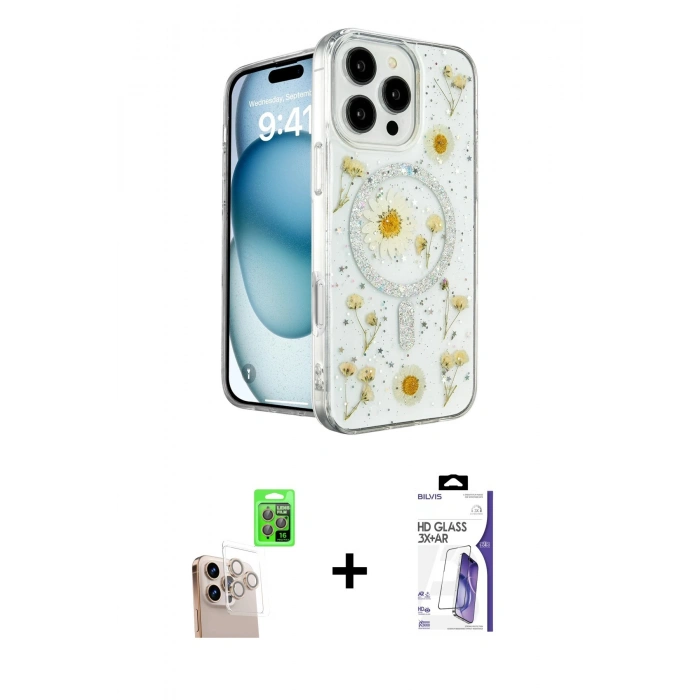 MARSİLYAN™- iPhone 16 Pro Max Kılıf Kozmos Doku - Siyah Bilvis 3X AR HD Cam Ekran Koruyucu + Raze Metal Kamera Lens - NLGY