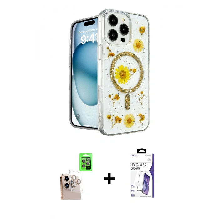 MARSİLYAN™- iPhone 16 Pro Max Kılıf Kozmos Doku - Siyah Bilvis 3X AR HD Cam Ekran Koruyucu + Raze Metal Kamera Lens - NLGY