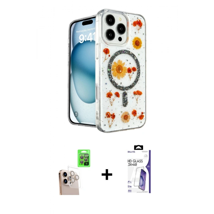 MARSİLYAN™- iPhone 16 Pro Max Kılıf Kozmos Doku - Siyah Bilvis 3X AR HD Cam Ekran Koruyucu + Raze Metal Kamera Lens - NLGY