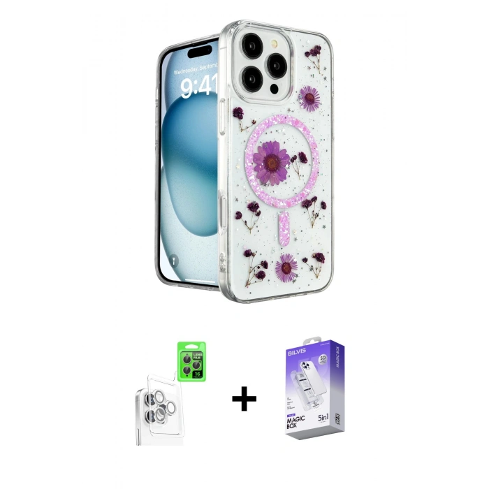 MARSİLYAN™- iPhone 16 Pro Max Kılıf Kozmos Doku - Siyah Bilvis 5in1 3D Magic Cam Ekran Koruyucu + Beyaz Raze Metal Kamera Lens