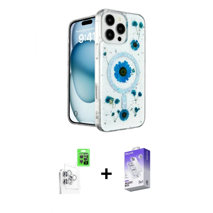 MARSİLYAN™- iPhone 16 Pro Max Kılıf Kozmos Doku - Siyah Bilvis 5in1 3D Magic Cam Ekran Koruyucu + Beyaz Raze Metal Kamera Lens