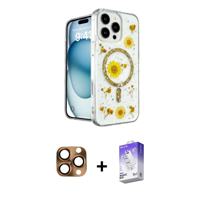 MARSİLYAN™- iPhone 16 Pro Max Kılıf Kozmos Doku - Siyah Bilvis 5in1 3D Magic Cam Ekran Koruyucu + Pers Alüminyum Kamera Lens - CLTM