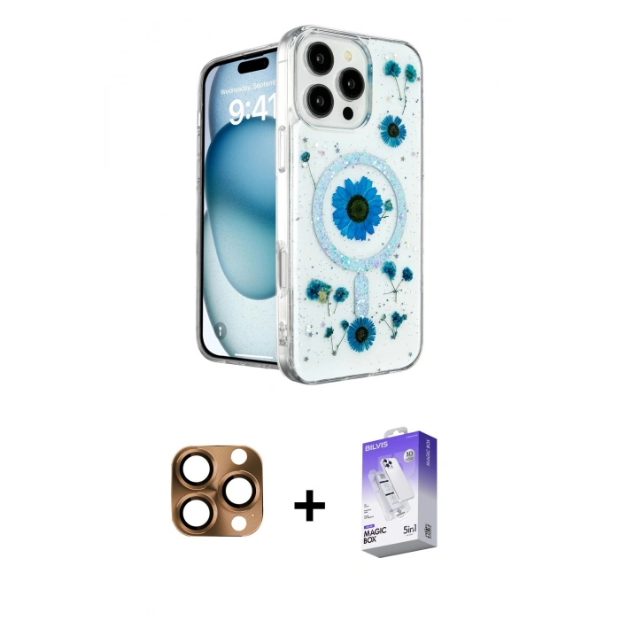 MARSİLYAN™- iPhone 16 Pro Max Kılıf Kozmos Doku - Siyah Bilvis 5in1 3D Magic Cam Ekran Koruyucu + Pers Alüminyum Kamera Lens - CLTM