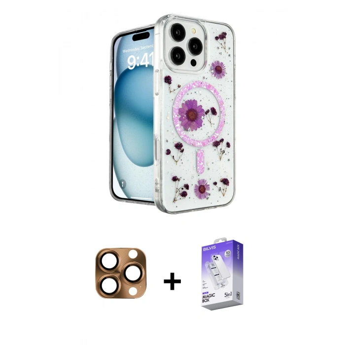 MARSİLYAN™- iPhone 16 Pro Max Kılıf Kozmos Doku - Siyah Bilvis 5in1 3D Magic Cam Ekran Koruyucu + Pers Alüminyum Kamera Lens - CLTM