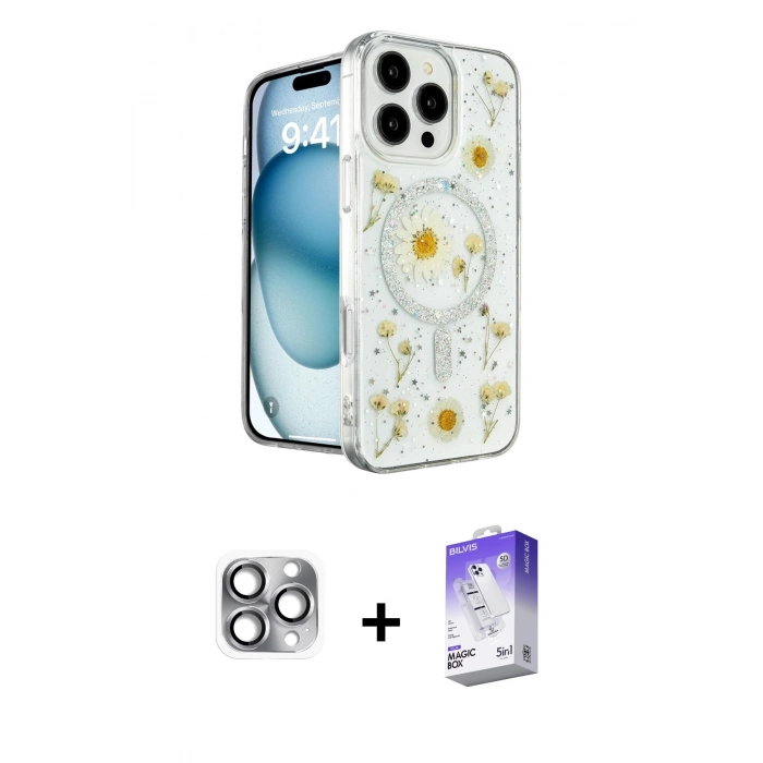 MARSİLYAN™- iPhone 16 Pro Max Kılıf Kozmos Doku - Siyah Bilvis 5in1 3D Magic Cam Ekran Koruyucu + Pers Alüminyum Kamera Lens - GI