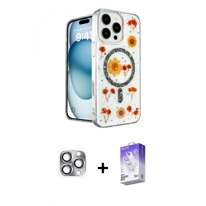 MARSİLYAN™- iPhone 16 Pro Max Kılıf Kozmos Doku - Siyah Bilvis 5in1 3D Magic Cam Ekran Koruyucu + Pers Alüminyum Kamera Lens - GI
