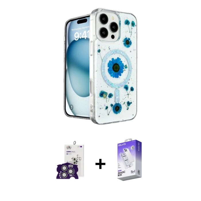 MARSİLYAN™- iPhone 16 Pro Max Kılıf Kozmos Doku - Siyah Bilvis 5in1 3D Magic Cam Ekran Koruyucu + Bilvis Titan Kamera Lens - GS