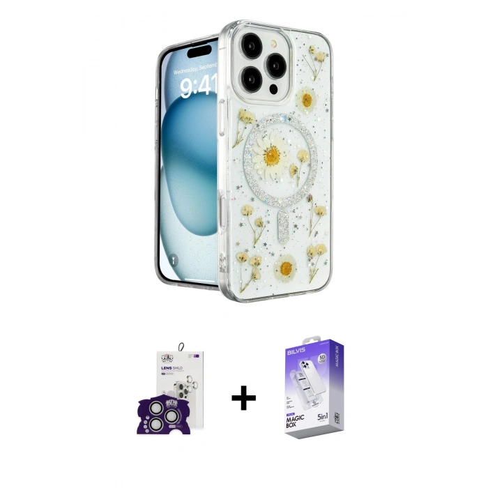 MARSİLYAN™- iPhone 16 Pro Max Kılıf Kozmos Doku - Siyah Bilvis 5in1 3D Magic Cam Ekran Koruyucu + Bilvis Titan Kamera Lens - GS