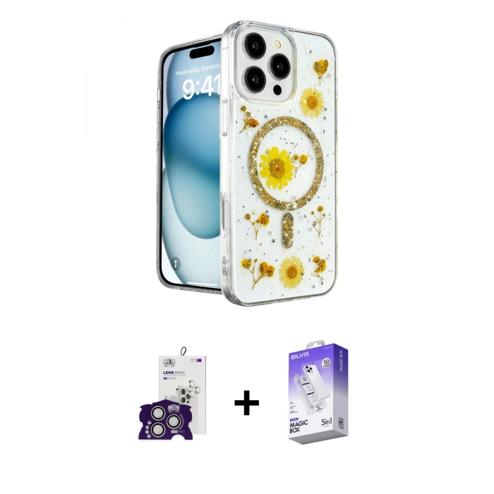 MARSİLYAN™- iPhone 16 Pro Max Kılıf Kozmos Doku - Siyah Bilvis 5in1 3D Magic Cam Ekran Koruyucu + Bilvis Titan Kamera Lens - GS