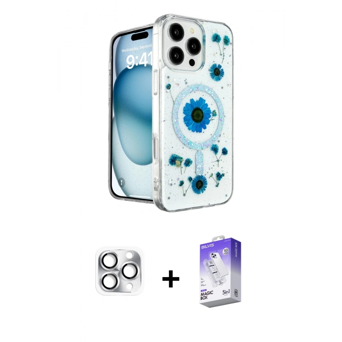 MARSİLYAN™- iPhone 16 Pro Max Kılıf Kozmos Doku - Siyah Bilvis 5in1 3D Magic Cam Ekran Koruyucu + Pers Alüminyum Kamera Lens - GS