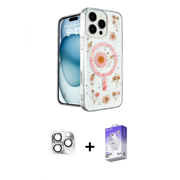 MARSİLYAN™- iPhone 16 Pro Max Kılıf Kozmos Doku - Siyah Bilvis 5in1 3D Magic Cam Ekran Koruyucu + Pers Alüminyum Kamera Lens - GS