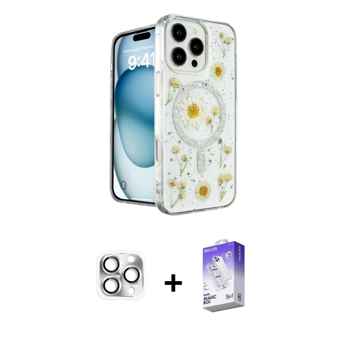 MARSİLYAN™- iPhone 16 Pro Max Kılıf Kozmos Doku - Siyah Bilvis 5in1 3D Magic Cam Ekran Koruyucu + Pers Alüminyum Kamera Lens - GS
