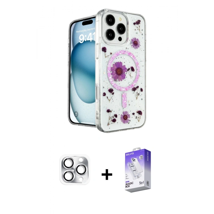 MARSİLYAN™- iPhone 16 Pro Max Kılıf Kozmos Doku - Siyah Bilvis 5in1 3D Magic Cam Ekran Koruyucu + Pers Alüminyum Kamera Lens - GS