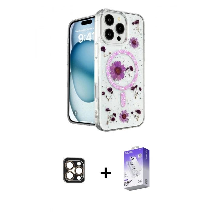 MARSİLYAN™- iPhone 16 Pro Max Kılıf Kozmos Doku - Siyah Bilvis 5in1 3D Magic Cam Ekran Koruyucu + PVD Metal Kamera Lens - GD