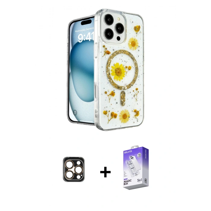 MARSİLYAN™- iPhone 16 Pro Max Kılıf Kozmos Doku - Siyah Bilvis 5in1 3D Magic Cam Ekran Koruyucu + PVD Metal Kamera Lens - GD
