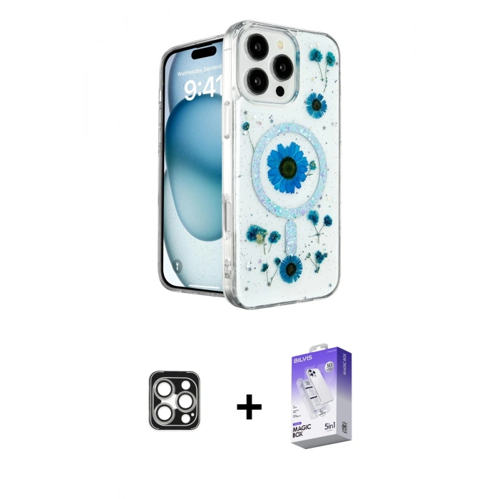 MARSİLYAN™- iPhone 16 Pro Max Kılıf Kozmos Doku - Siyah Bilvis 5in1 3D Magic Cam Ekran Koruyucu + PVD Metal Kamera Lens - GS