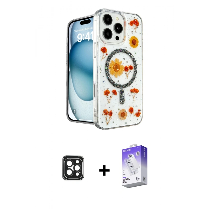 MARSİLYAN™- iPhone 16 Pro Max Kılıf Kozmos Doku - Siyah Bilvis 5in1 3D Magic Cam Ekran Koruyucu + PVD Metal Kamera Lens - SH