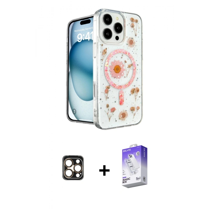 MARSİLYAN™- iPhone 16 Pro Max Kılıf Kozmos Doku - Siyah Bilvis 5in1 3D Magic Cam Ekran Koruyucu + PVD Metal Kamera Lens - GD