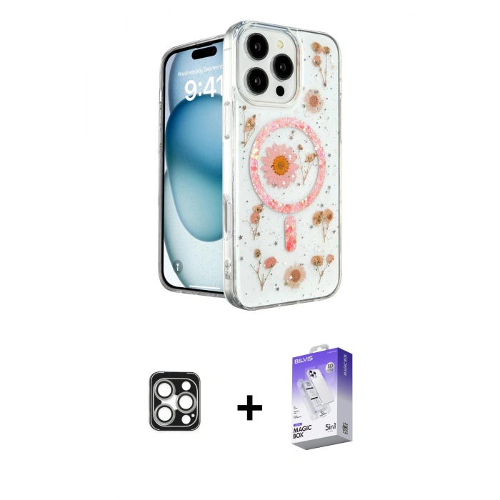 MARSİLYAN™- iPhone 16 Pro Max Kılıf Kozmos Doku - Siyah Bilvis 5in1 3D Magic Cam Ekran Koruyucu + PVD Metal Kamera Lens - GS