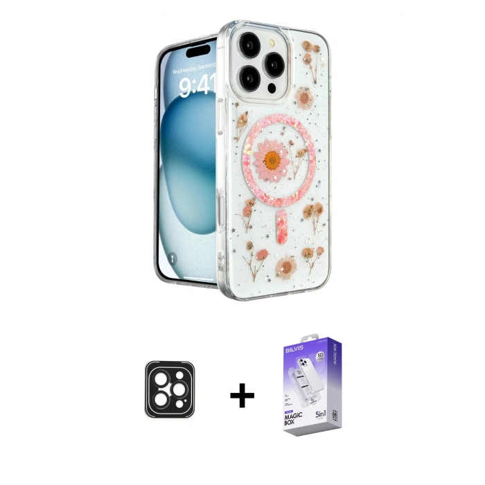MARSİLYAN™- iPhone 16 Pro Max Kılıf Kozmos Doku - Siyah Bilvis 5in1 3D Magic Cam Ekran Koruyucu + PVD Metal Kamera Lens - SH