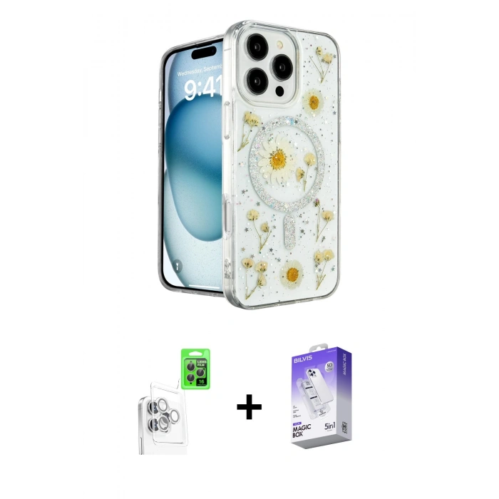 MARSİLYAN™- iPhone 16 Pro Max Kılıf Kozmos Doku - Siyah Bilvis 5in1 3D Magic Cam Ekran Koruyucu + Raze Metal Kamera Lens - BZ