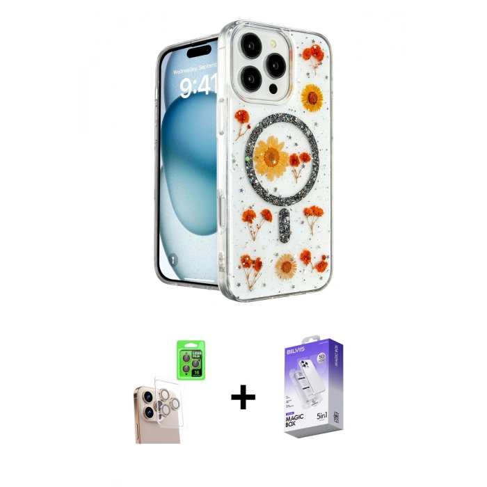 MARSİLYAN™- iPhone 16 Pro Max Kılıf Kozmos Doku - Siyah Bilvis 5in1 3D Magic Cam Ekran Koruyucu + Raze Metal Kamera Lens - NLGY