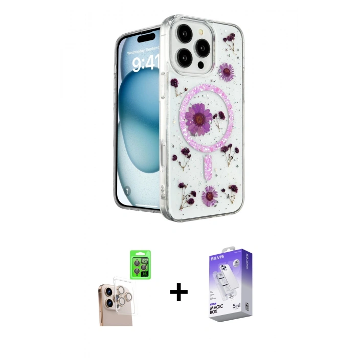 MARSİLYAN™- iPhone 16 Pro Max Kılıf Kozmos Doku - Siyah Bilvis 5in1 3D Magic Cam Ekran Koruyucu + Raze Metal Kamera Lens - NLGY