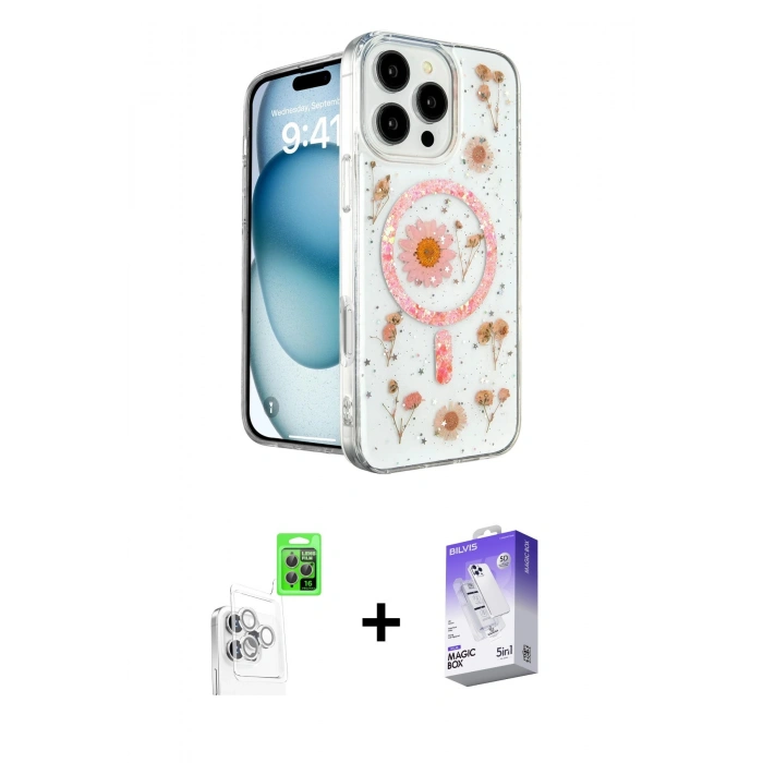 MARSİLYAN™- iPhone 16 Pro Max Kılıf Kozmos Doku - Siyah Bilvis 5in1 3D Magic Cam Ekran Koruyucu + Raze Metal Kamera Lens - BZ