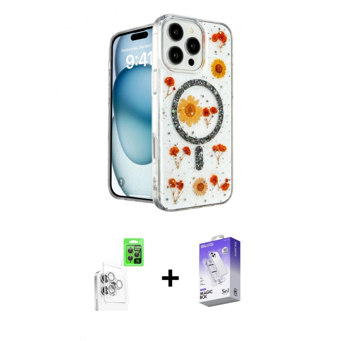MARSİLYAN™- iPhone 16 Pro Max Kılıf Kozmos Doku - Siyah Bilvis 5in1 3D Magic Cam Ekran Koruyucu + Raze Metal Kamera Lens - BZ