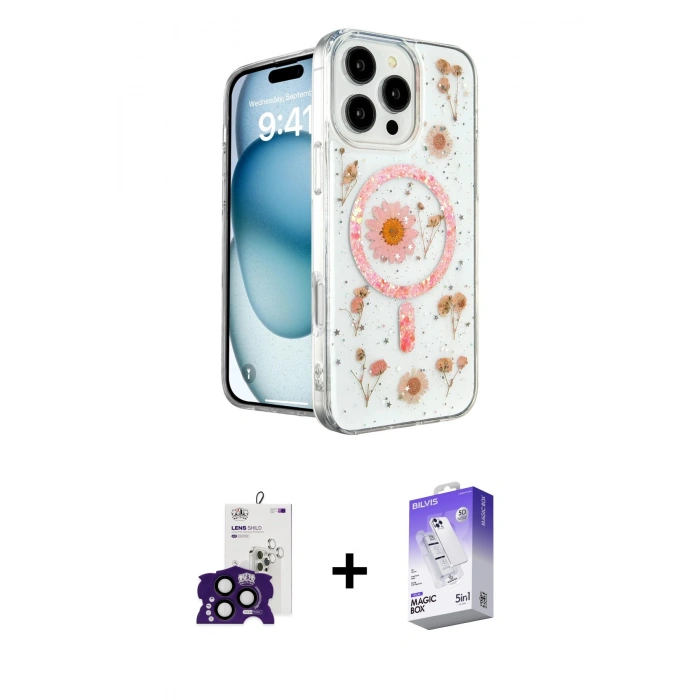 MARSİLYAN™- iPhone 16 Pro Max Kılıf Kozmos Doku - Siyah Bilvis 5in1 3D Magic Cam Ekran Koruyucu + Bilvis Titan Kamera Lens - SH