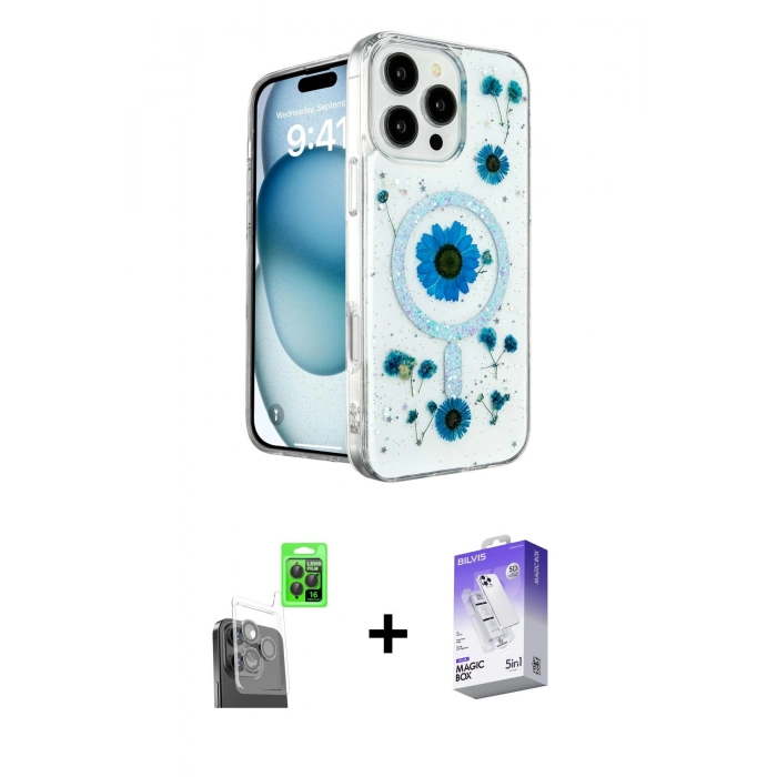 MARSİLYAN™- iPhone 16 Pro Max Kılıf Kozmos Doku - Siyah Bilvis 5in1 3D Magic Cam Ekran Koruyucu + Raze Metal Kamera Lens - SH