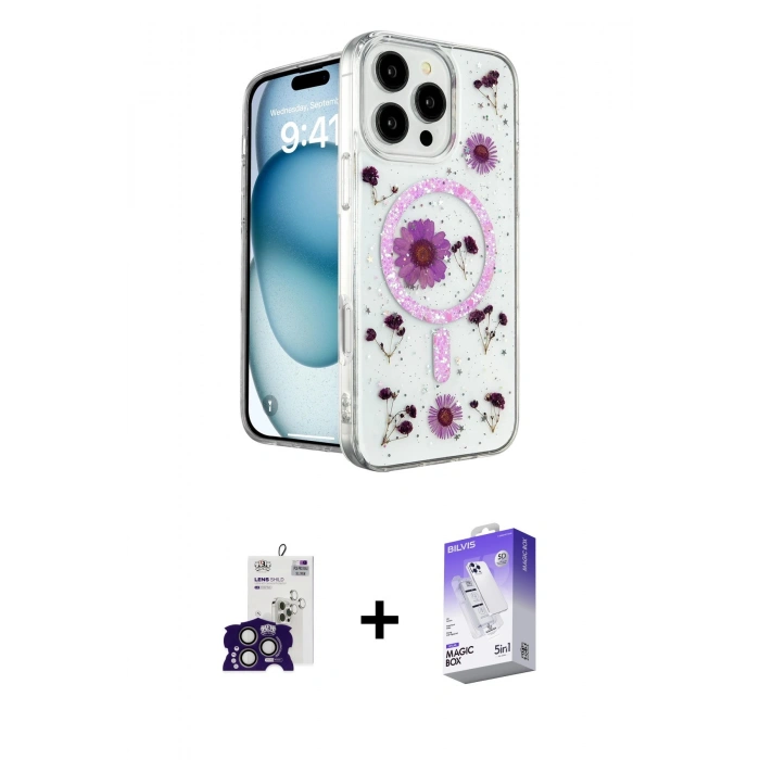 MARSİLYAN™- iPhone 16 Pro Max Kılıf Kozmos Doku - Siyah Bilvis 5in1 3D Magic Cam Ekran Koruyucu + Bilvis Titan Kamera Lens - TMGI