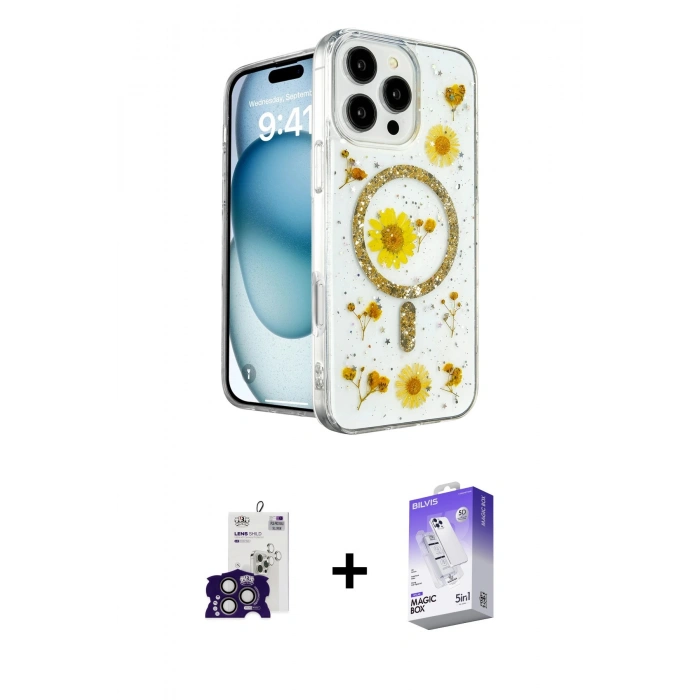 MARSİLYAN™- iPhone 16 Pro Max Kılıf Kozmos Doku - Siyah Bilvis 5in1 3D Magic Cam Ekran Koruyucu + Bilvis Titan Kamera Lens - TMGI