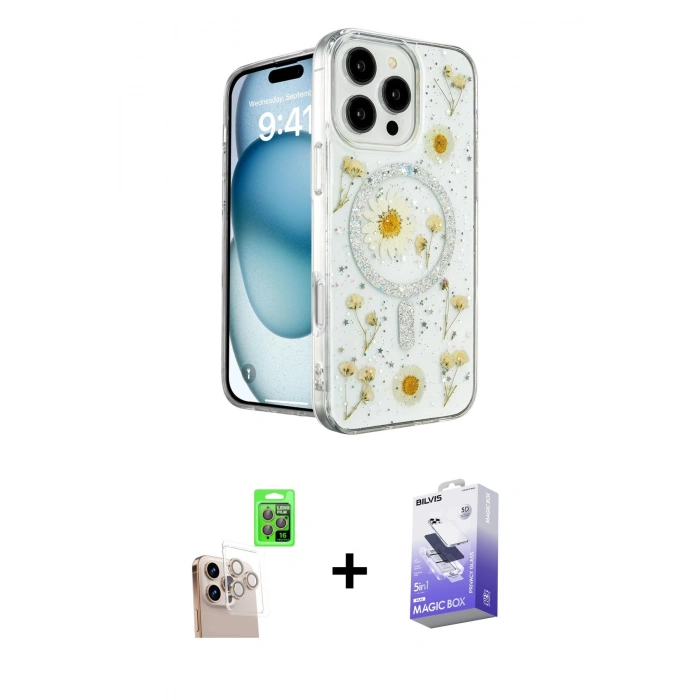 MARSİLYAN™- iPhone 16 Pro Max Kılıf Kozmos Doku - Siyah Bilvis 5in1 5D Magic Hayalet Cam Ekran Koruyucu + Raze Metal Kamera Lens - NLGY