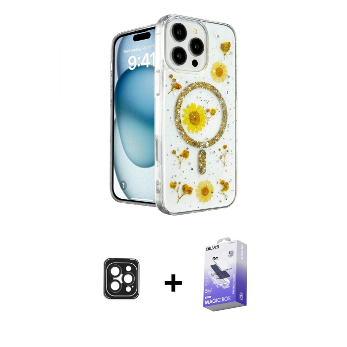 MARSİLYAN™- iPhone 16 Pro Max Kılıf Kozmos Doku - Siyah Bilvis 5in1 5D Magic Hayalet Cam Ekran Koruyucu + PVD Metal Kamera Lens - SH