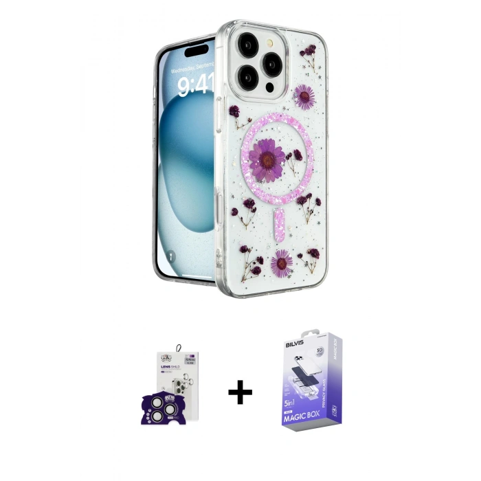 MARSİLYAN™- iPhone 16 Pro Max Kılıf Kozmos Doku - Siyah Bilvis 5in1 5D Magic Hayalet Cam Ekran Koruyucu + Bilvis Titan Kamera Lens - TMGI