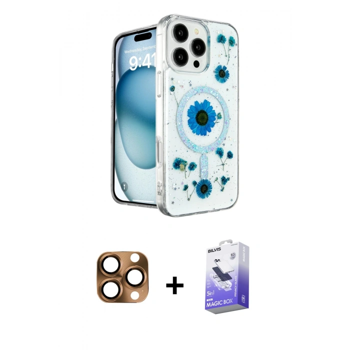 MARSİLYAN™- iPhone 16 Pro Max Kılıf Kozmos Doku - Siyah Bilvis 5in1 5D Magic Hayalet Cam Ekran Koruyucu + Pers Alüminyum Kamera Lens - CLTM