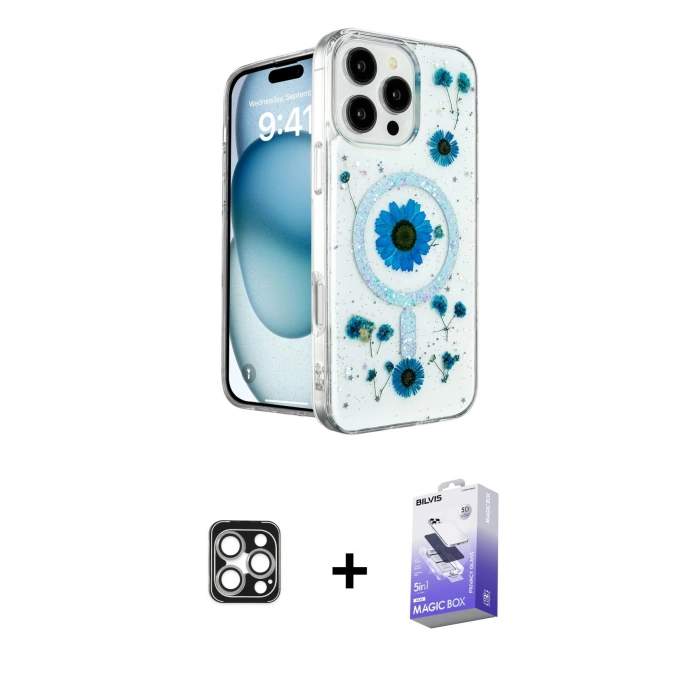 MARSİLYAN™- iPhone 16 Pro Max Kılıf Kozmos Doku - Siyah Bilvis 5in1 5D Magic Hayalet Cam Ekran Koruyucu + Gümüş PVD Metal Kamera Lens