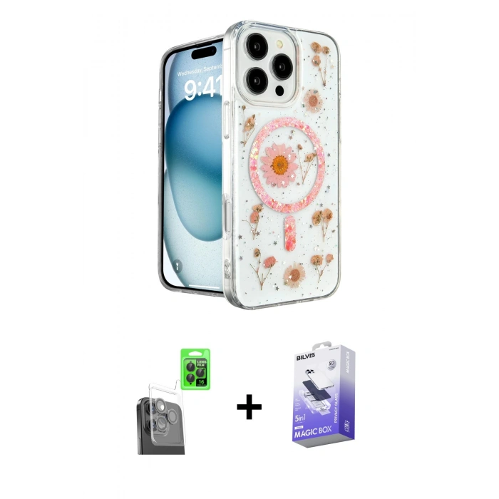 MARSİLYAN™- iPhone 16 Pro Max Kılıf Kozmos Doku - Siyah Bilvis 5in1 5D Magic Hayalet Cam Ekran Koruyucu + Raze Metal Kamera Lens - SH