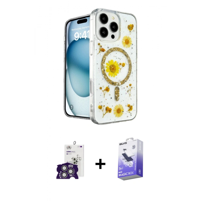 MARSİLYAN™- iPhone 16 Pro Max Kılıf Kozmos Doku - Siyah Bilvis 5in1 5D Magic Hayalet Cam Ekran Koruyucu + Bilvis Titan Kamera Lens - GS